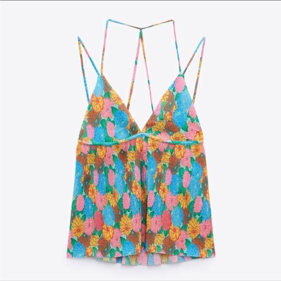 Zara Tops - Zara Blue and Orange Multi-Color Bright Floral Strappy Camisole Top- Size Small